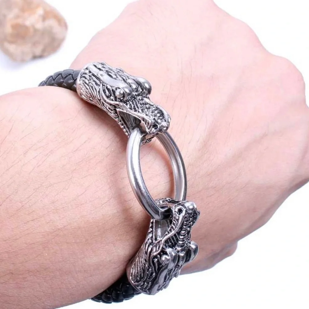 Double Python Silver Ring In Mouth Steel Black Braided Bracelet!